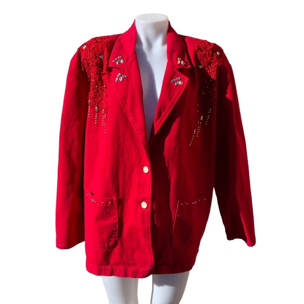Vintage Red Denim Jean Blazer Jacket with beautiful embellishments XL